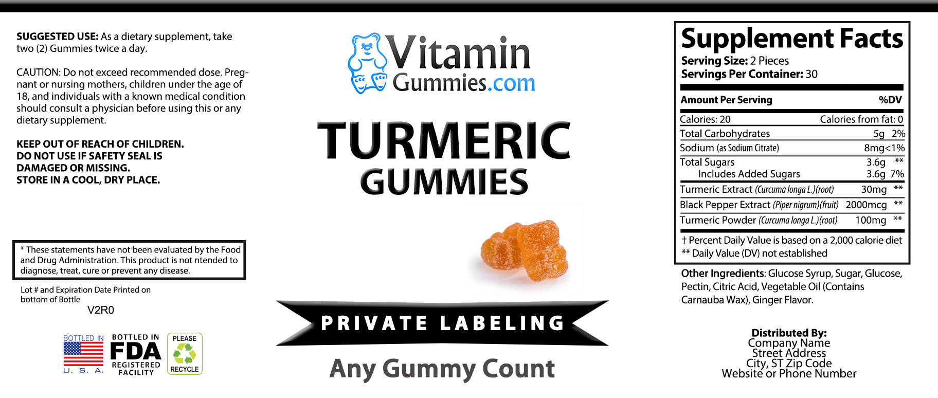 Private Label Turmeric Vitamin Gummy Nutrition Label